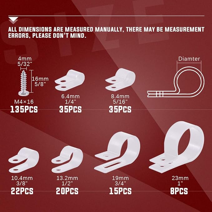 Hilitchi 135 Pcs 6 Sizes White Plastic Cable Clamp R Type Screw Mounting Cord Fastener Cable Clips Assortment Kit with Screws for Wire Management Cable Conduit (Clips from 6mm to 23mm)