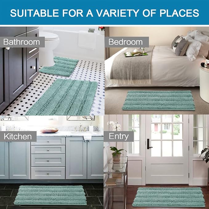 H.VERSAILTEX Bathroom Rugs Bath Rug Set 2 Piece Bathroom Contour Rug Toilet Mat Sets Non Slip Contour Bath Rug Ultra Thick Water Absorbent Striped Bath Mats(20" x 32" Plus 20" x 20" U, Eggshell Blue)