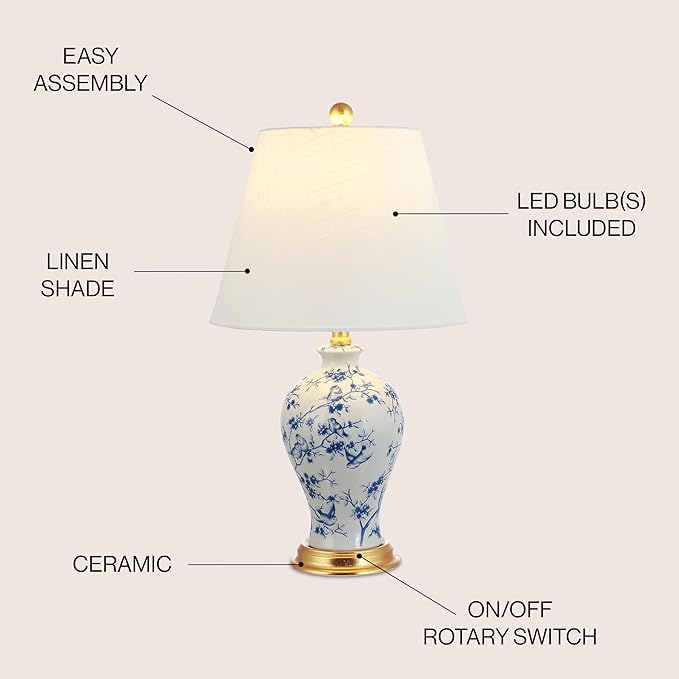 JONATHAN Y JYL3009B Grace 24" Floral Classic LED Table Lamp Cottage Traditional Bedside Desk Nightstand Lamp for Bedroom Living Room Office College Bookcase LED Bulb Included, Blue/White