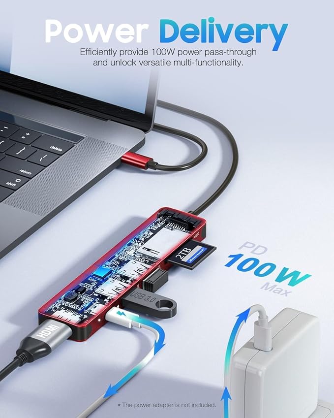 Hiearcool USB C Hub, USBC Multi-Port Adapter for MacBook iPad Pro,7 in 1 USB-C Power Delivery Dock for Steam Deck,4K HDMI Hub for Thunderbolt Laptop Docking Stations for Other Type C Devices-Red