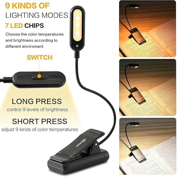 VAVOFO Clip On Rechargeable Reading Light, 7 LEDs with 3 Colortemperature 9 Brightness Levels Book Lights for Reading in Bed with Power Indicator for Bookworms (2 Pack Black)