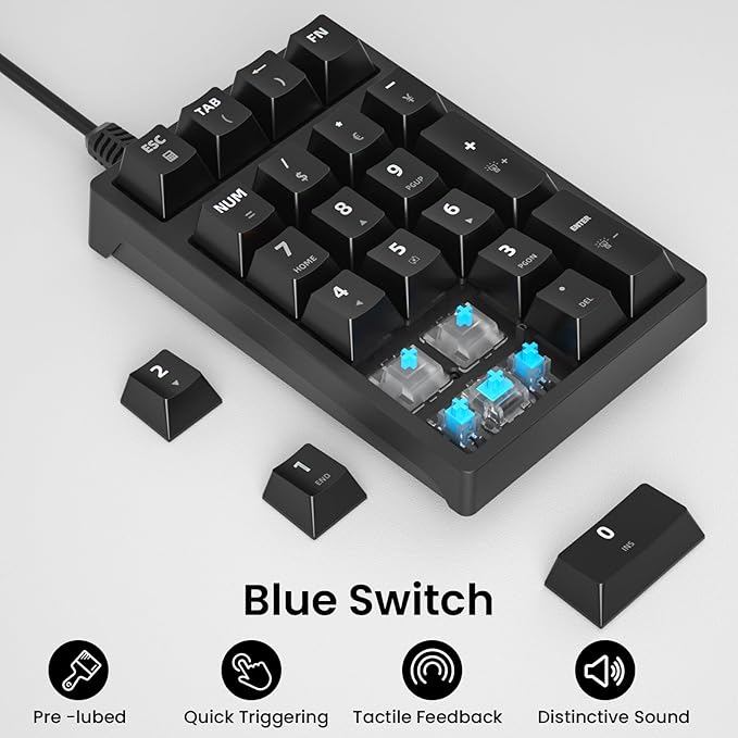 Gurjot Number Pad, Mechanical USB Wired Numeric Keypad with Color Backlit 21 Key Numpad for Laptop Desktop Computer PC Black (Blue Switches)