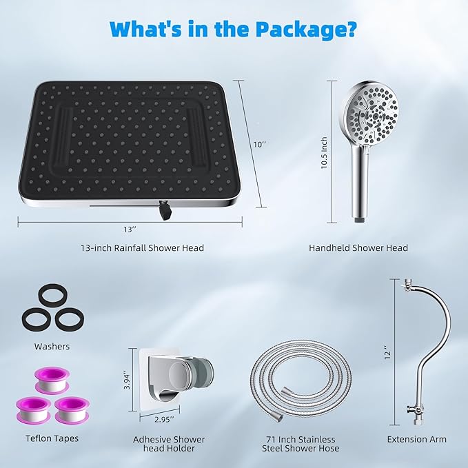 Hibbent Upgraded 5-spray 13'' Shower Head, High Pressure Rainfall Shower Head, Dual Showerhead Combo with 10-mode Handheld Spray, 12'' Adjustable Extension Arm, 71'' Hose, Showerhead Holder, Chrome