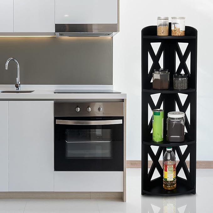 NHZ Corner Shelf Stand, Wood Corner Bookshelf, Corner Bookcase and Plant Stand (Black, 4 Tier)