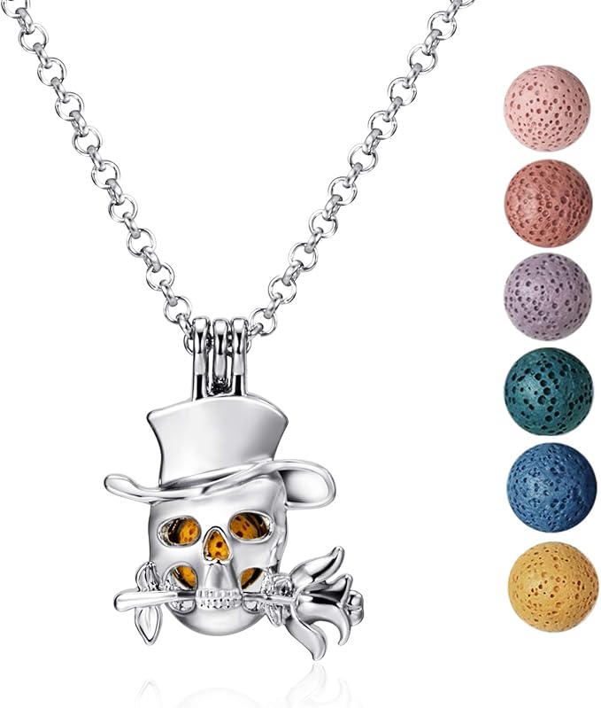 Wild Essentials Top-hat Skull Essential Oil Diffuser Nickel Free Alloy Locket Pendant with 24 inch Chain, 6 Lava Stones, Customizable Color Changing Perfume Jewelry for Aromatherapy
