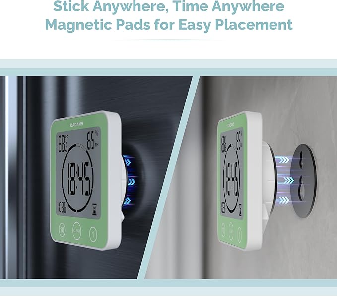 KADAMS Shower Clock Waterproof Bathroom Timer – Digital Wall Clock with Countdown, Magnetic Kitchen Clock with Temperature & Humidity, Suction Cup for Kids Shower Spa Sauna Cook Bath (Green)