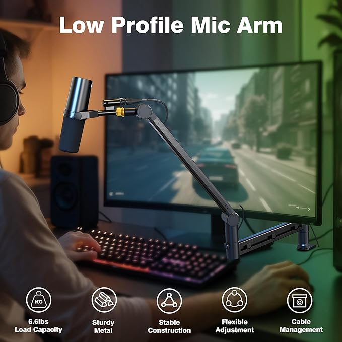 Low Profile Boom Arm (Design for Heavy Mic) 6.6lbs Load Capacity, Stable Gear Lock Structure Never Sags, Metal Microphone Stand Desk Mount for Shure SM7B MV7+, Blue Yeti,Rode PodMic