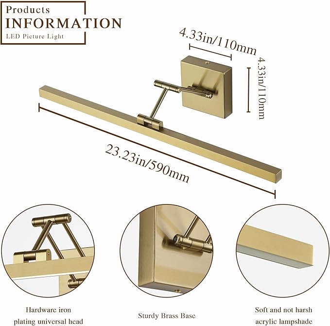 LED Brass Hard-Wired Connection Gallery Picture Light for Paintings Gold Lighting Fixtures Dimmable Modern LED Picture Lights Artwork Display Lighting 23.6 Inch 14W 3000K Warm White