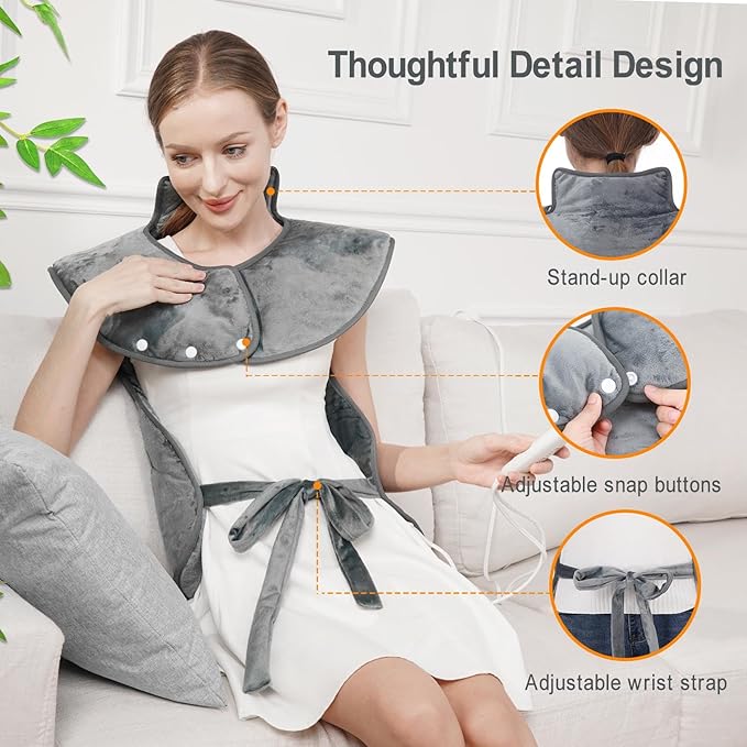 Fast Heating Electric Heating Pad for Neck and Shoulder and Back with 6 Heating Settings & 4 Timer, Large Size Heated Wrap with Auto Shut Off & Machine Washable (Dark Gray, 37x24inch)