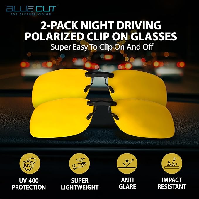 BLUE CUT Clip on Polarized Night Vision, Driving Sunglasses UV 400 Blocker To Wear Over Prescription Glasses