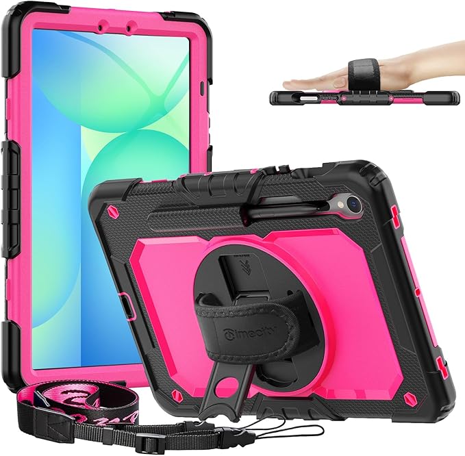 Timecity Case for Samsung Galaxy Tab S10 FE/ S9 FE 5G 10.9 Inch/ S9 11 Inch - Heavy Duty Protective Cover with Screen Protector, Rotating Stand, Shoulder Strap & S Pen Holder | Kids-Friendly, Rose