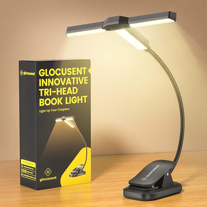 Glocusent Innovative Tri-Head Book Light for Reading in Bed, 3 Colors & 5 Brightness Levels, 1000mAh Rechargeable Reading Light with 30-Min Timer, 10-100Hrs, Partner Friendly, Perfect for Book Lovers