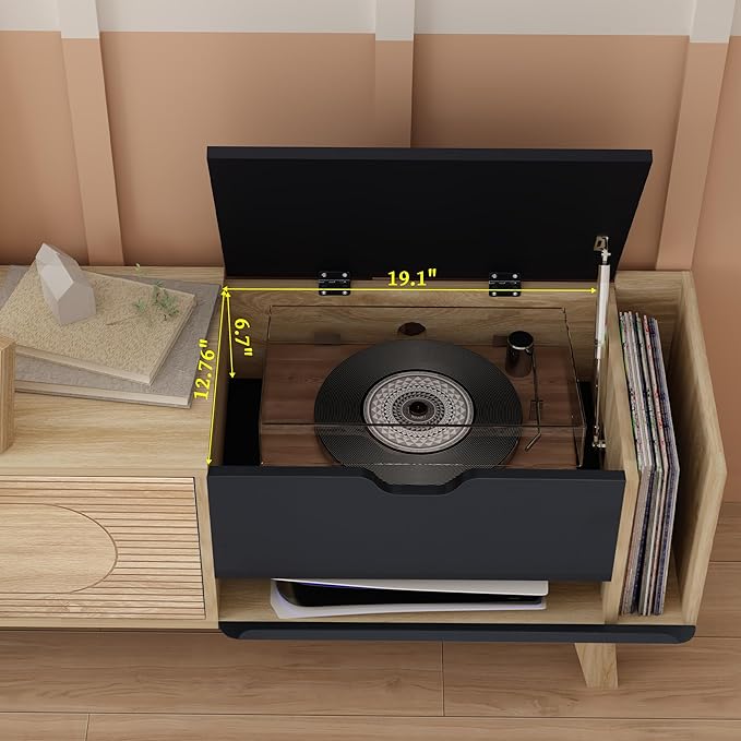 Modern TV Stand for TVs up to 70 Inch, Wood TV Cabinet, Entertainment Center with CD Storage Cabinet, TV Console Table with 2 Doors and Power Outlets, for Living Room (Natural & Black)