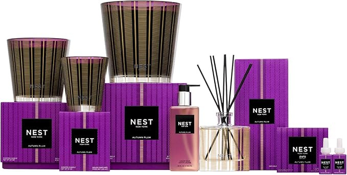 NEST New York Reed Diffuser, Autumn Plum - 5.9 fl oz - Fragrance for Up to 90 Days - Reusable, Refillable Glass Holder - Includes 8 All-Natural Reed Sticks - Flame Free