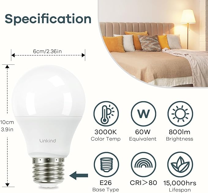Linkind A19 LED Light Bulb, 60W Equivalent Light Bulbs, 8.5W 3000K Warm White, 800 Lumens Non-Dimmable LED Bulb, E26 Standard Base, 6-Pack