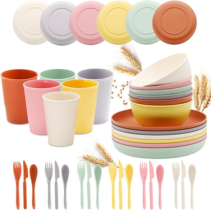 36pcs Wheat Straw Dinnerware Sets, Unbreakable Reusable Kitchen Cups Plates and Bowls Sets, Dishwasher and Microwave Safe Kitchenware Dishes Set for Home, Office, Travel,Picnic (Colorful 2)