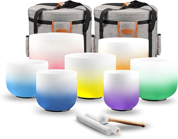 RYAN DVAN 432hz 6-12 Inch Set of 7 Pcs Gradient Design Quartz Crystal Singing Bowl Chakra Set Sound Therapy for Yoga, Reiki, Chakra Healing Energy Tuning & Mindfulness Kit