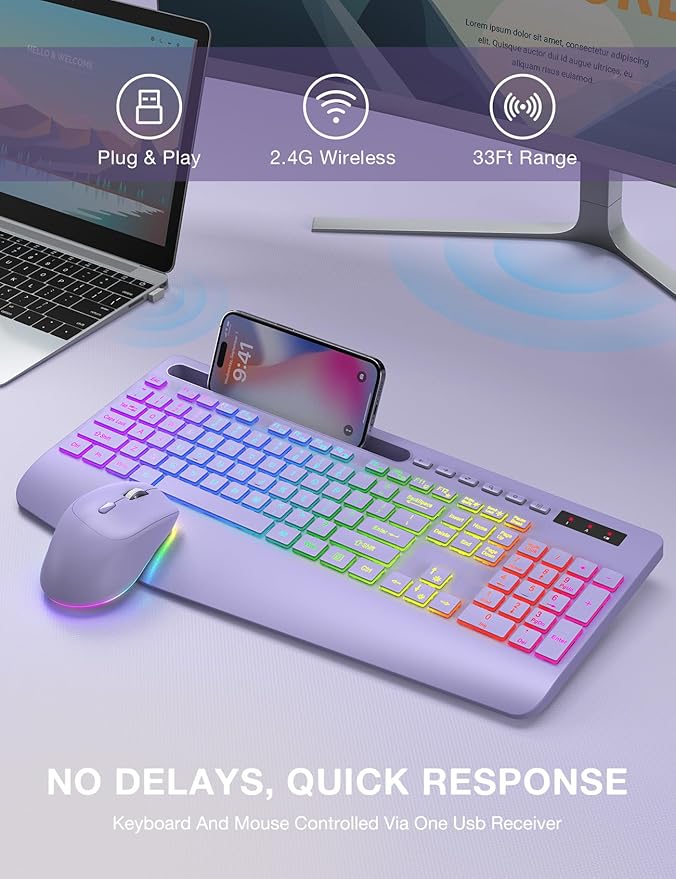 SABLUTE Wireless Keyboard and Mouse Combo, 9 Backlit Effects, Wrist Rest, Phone Holder, 2.4G Lag-Free Ergonomic Keyboards, Rechargeable Silent Cordless Set for Computer, Laptop, Mac, Windows（Purple）