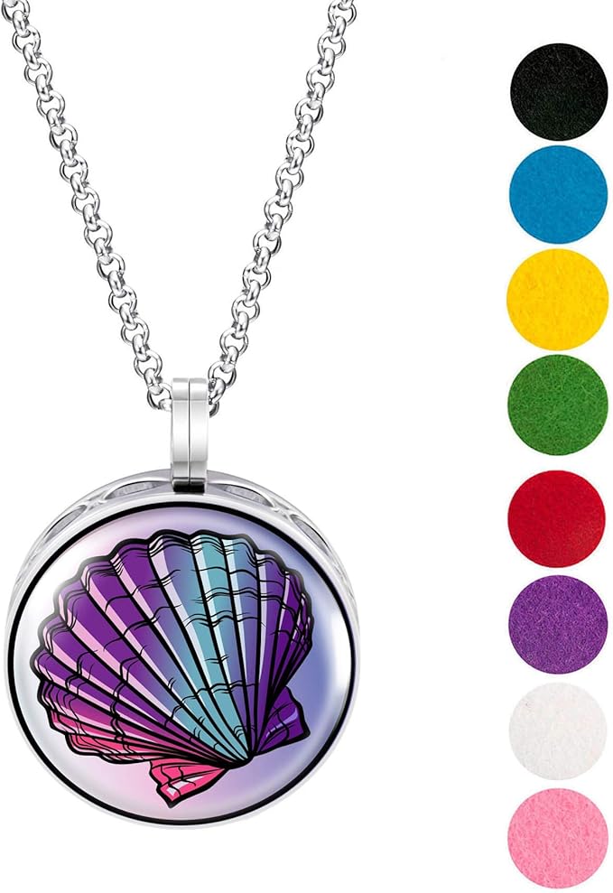 Wild Essentials Seashell Enamel Finish Essential Oil Diffuser Necklace Gift Set - Includes Aromatherapy Pendant, 24" Stainless Steel Chain, 8 Color Refill Pads