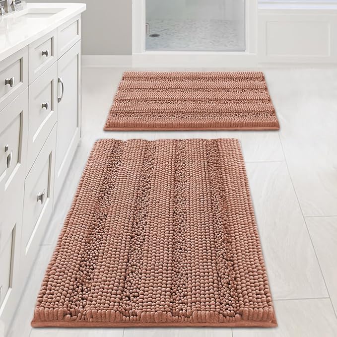H.VERSAILTEX Bathroom Rug Set Bath Mats, 2 Piece Bath Mats Non Slip Thick Soft Chenille Striped Bath Rug Set, Bath Mats for Bathroom Sets (Muted Clay, 20" x 32"/17" x 24")