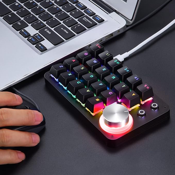 Koolertron 24 Keys Programmable Keyboard，One Handed Macro Mechanical Keyboard, RGB LED Backlight Red Switch USB Portable Keyboard with Fully Knobs, 24 Keys Macro Pad for Gaming