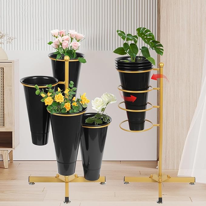 Flower Display Stand with 4 Bucket,Floral Stand with Foldable Frame for Silk Fresh Flowers,4 Tier Florist Shelf Plant Cart for flower shop Garden Living Room,Easy to Install (Gold Shelf+ Black Bucket)