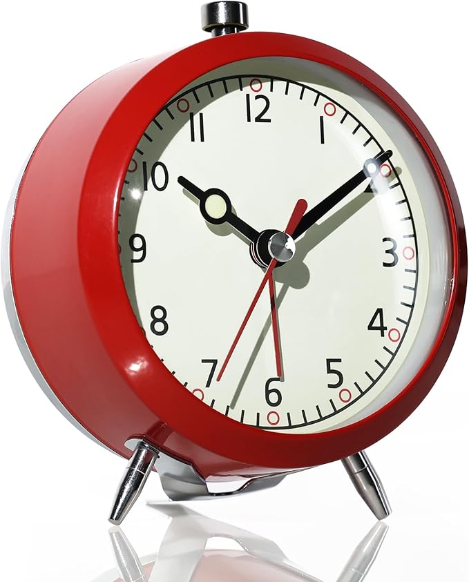 AYRELY® 4" Loud Analog Alarm Clock, Retro Metal Travel & Table Clock Battery Operated, Silent Non-Ticking Desk Clock with Alarm Switch Button for Bedroom, Bedside, Shelf, Office (red)