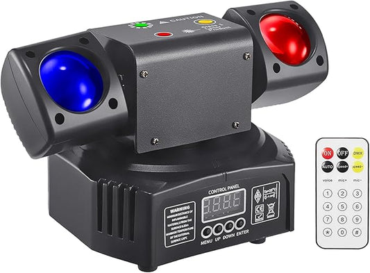 Mini LED Moving Head Effect Lights, Double Head, RGB Color 3535 Beads, 10W Strobe Beads, DMX512 Signal Control, Sound Activation