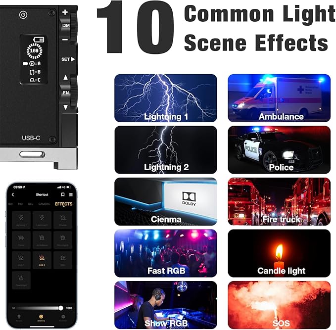 Pixel G1s RGB Video Light with APP Control, Built-in 12W Rechargeable Battery LED Camera Light, 10 Common Lighting Effects, CRI≥97 2500-8500K RGB Video Light with Aluminum Alloy Body
