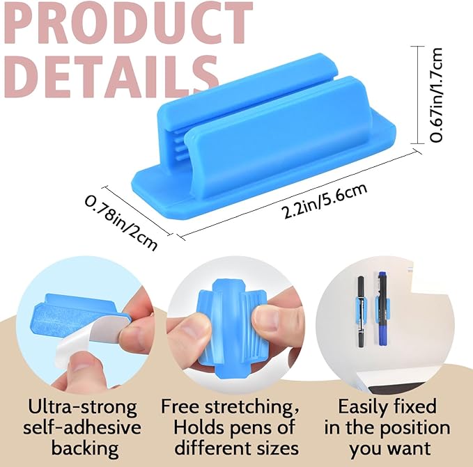 20 Pack Pen Holder Silicone,Adhesive Pen Holder for Desk,Marker Clip for Classroom Office Desk Accessories, Pencil Holder with 20 Double Sided Extra Sticky Tape (Blue)