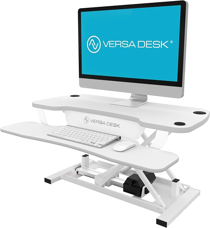 Power Pro Electric Height-Adjustable Desk Riser by VersaTables | USA Manufactured | Standing Desk Converter | Sit to Stand Desktop with Keyboard + Mouse Tray | 36"x 24" | White