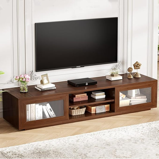 HSH 70" TV Stand for 75 inch TVs,Entertainment Center for Living Room with Storage,Farmhouse Walnut TV Stand Wood with Sliding Doors,Low Media Console Cabinet for Bedroom