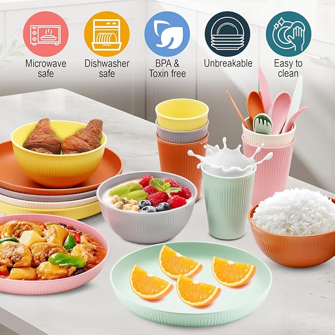 36pcs Wheat Straw Dinnerware Sets, Unbreakable Reusable Kitchen Cups Plates and Bowls Sets, Dishwasher and Microwave Safe Kitchenware Dishes Set for Home, Office, Travel,Picnic (Colorful 2)