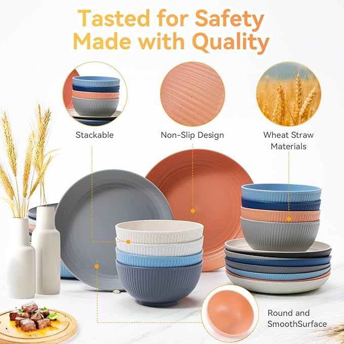 Wheat Straw Dinnerware Sets,64-Piece Plates and Bowls Sets for 8-Unbreakable,Reusable Plastic Dish Set-Dinner Plate/Dessert Plate/Bowl/Cup/Utensils-Microwavable Dishwasher Safe 64P-Coral Orange