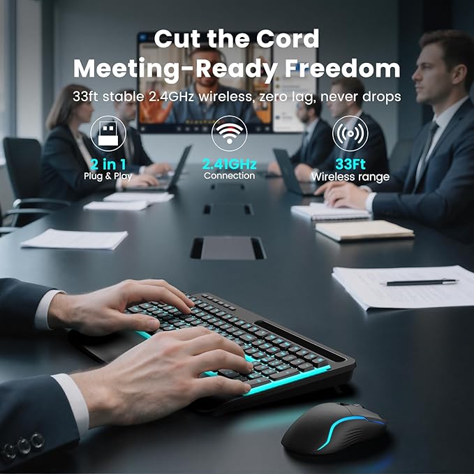 SABLUTE Wireless Keyboard and Mouse Combo, Rechargeable 4000mAh Light up Quiet Keyboard with Wrist Rest & Phone Holder, Ergonomic Silent Typing for PC/Mac/Laptop/Windows/Chrome OS