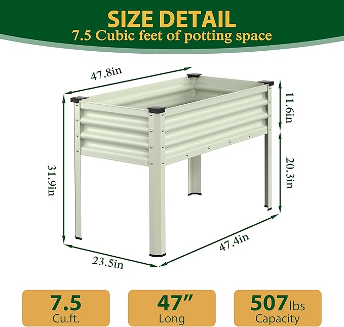 MUPATER 47.8" L x 23.5" W x 31.9" H Galvanized Steel Raised Garden Bed, 507lbs Capacity Large Metal Elevated Raised Planter Box with Legs & Detachable Black Liner for Patio, Balcony, Beige