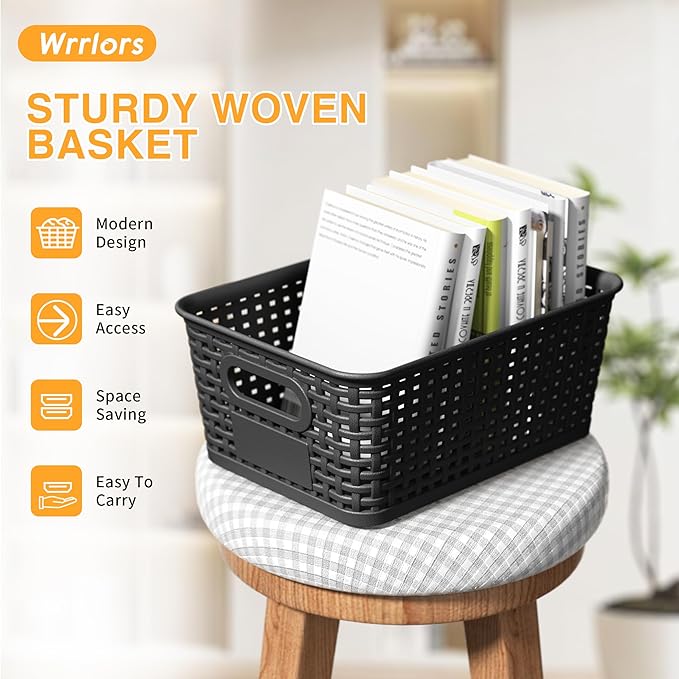 Black Plastic Storage Baskets - Pack of 8 with Labels Stackable Durable Storage Bins, Storage Containers for Organizing Desktops, Closets, Playrooms, Classrooms, Offices