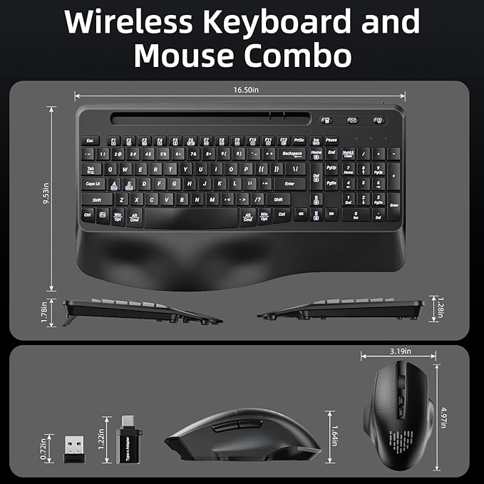 Hamile Wireless Keyboard and Mouse Combo : Ergonomic Wave Keys for Natural Typing, Full Size Keyboards with Wrist Rest, Quiet Backlit Mice,Phone Holder, 2.4G Set for Computer/Laptop/Mac/Windows, Black
