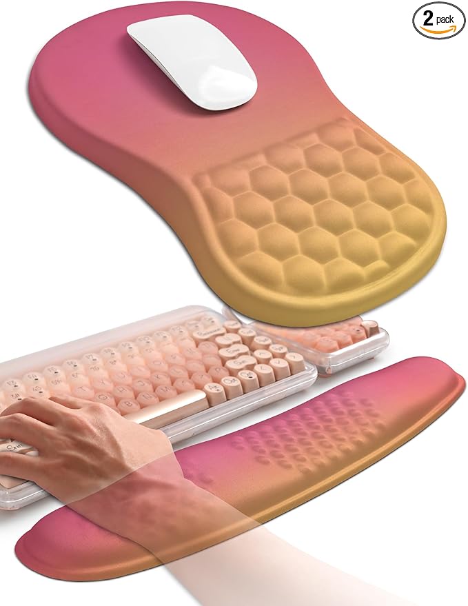 Hokafenle 2in1 Combination, Wave Keyboard Wrist Rest and Ergonomic Curvature Mouse Pad Wrist Support for Relieve Wrist Pain, Filled with Soft Cushion Memory Foam, Sunset Glow