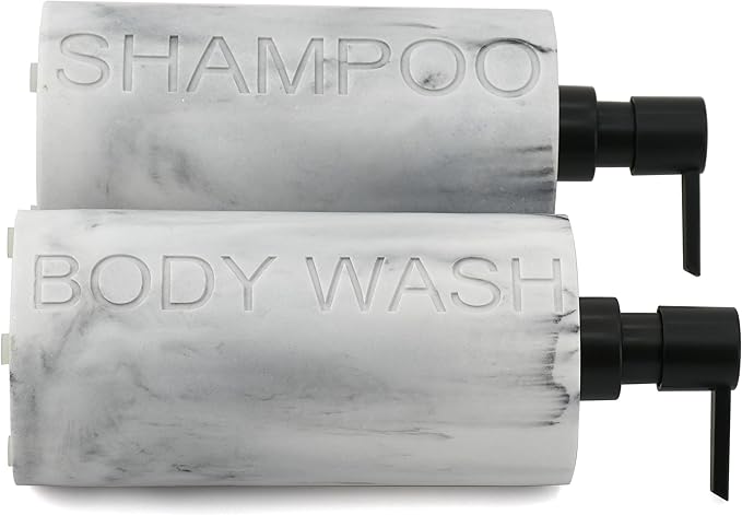 Marble Resin 2 Piece Shampoo and Body Wash Dispenser Set, Luxurious Refillable Pump Bottles with Matte Pump Top and Embossed Text, Durable Design for Bathroom and Shower