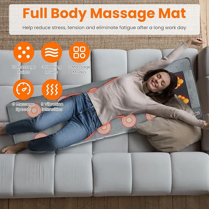 Full Body Massage Mat with Heat, Electric Vibration Back Massage Pad with Shiatsu Detachable Neck Massage Pillow for Pain Relief, 10 Vibration Motors, 3 Heating Levels, Gifts for Men, Women