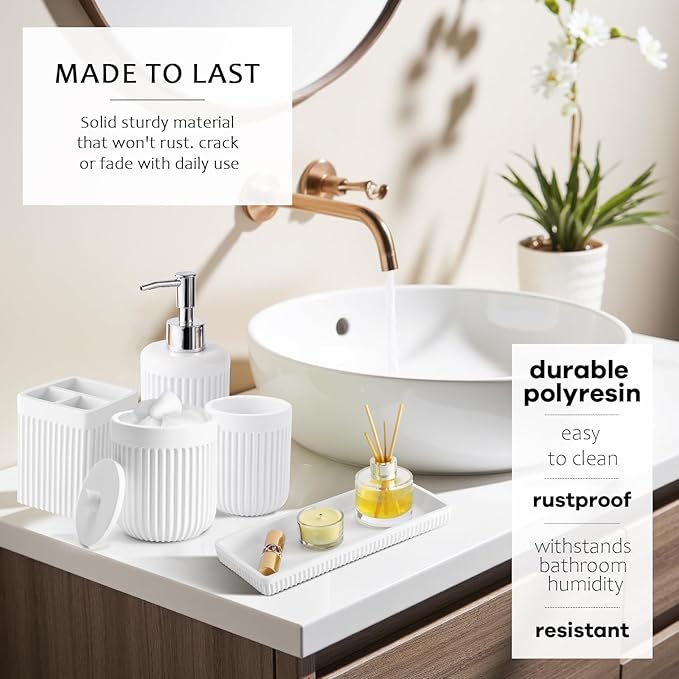 8-Piece White Bathroom Set - Resin Bathroom Accessories Sets Complete with Shower Curtain and Rugs, Soap Dispenser, Toothbrush Holder, Cup, Tray & Cotton Swab Jars