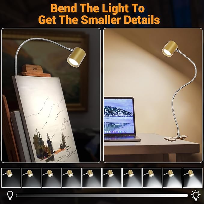 3 Modes & 10 Brightness Clip-on Reading Light - Desk Lamp with Memory Function & 360 Gooseneck Clamp for Bed Headboard