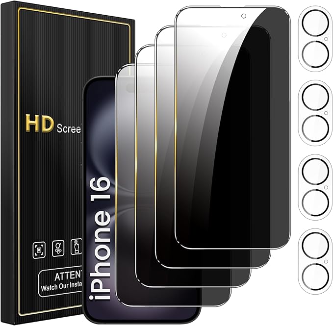 4 Pack Privacy Screen Protector for iPhone 16 6.1 Inch with 4 Pack Camera Lens Protector, Anti Spy Tempered Glass Film, Anti-Scratch, Touch Sensitive, Case Friendly