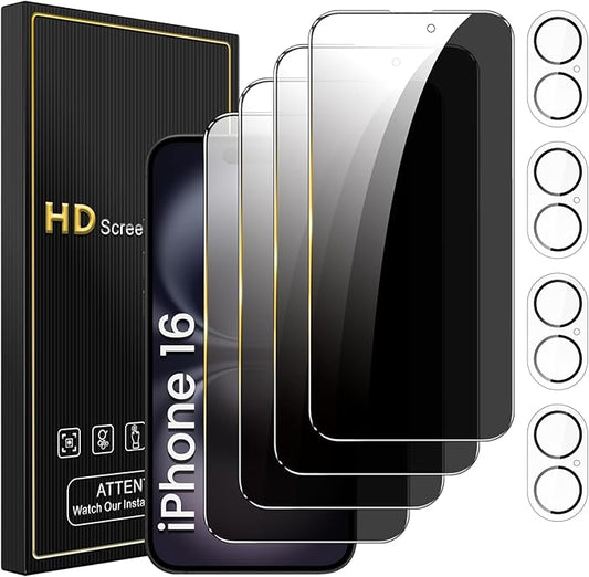 4 Pack Privacy Screen Protector for iPhone 16 6.1 Inch with 4 Pack Camera Lens Protector, Anti Spy Tempered Glass Film, Anti-Scratch, Touch Sensitive, Case Friendly