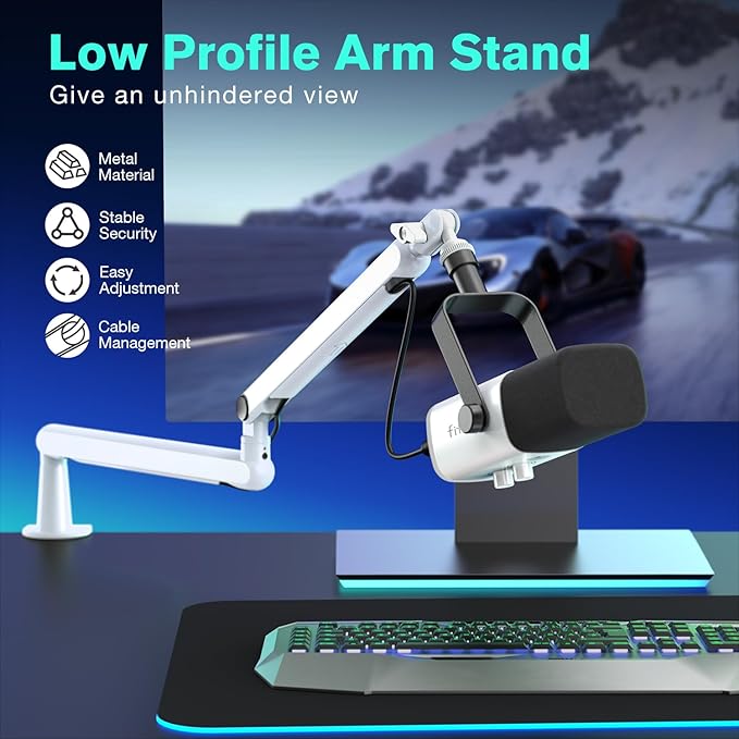 FIFINE Boom Arm Mic Stand, Low Profile Microphone Arm Stand, Podcast Mic Boom Arm with Desk Mount, Cable Channels Management, Metal Boom Arm White for Recording/Streaming/Gaming/Home Office-BM88W