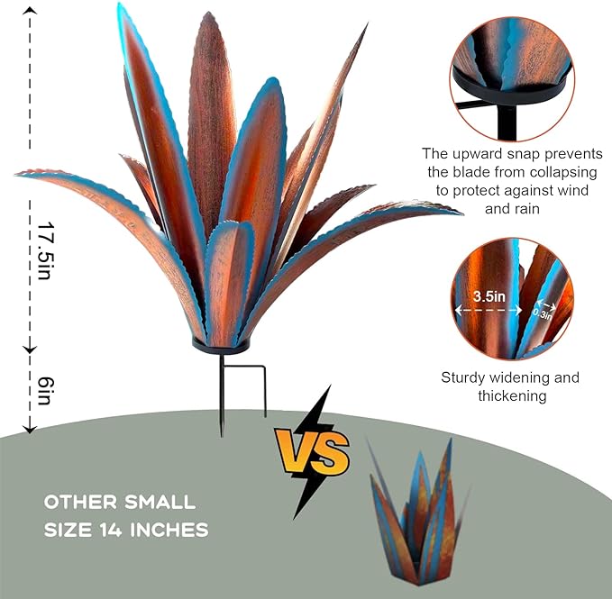 TOMBABY Enlarge Thickened Wind Resistant Iron Agave Metal Plant Country Garden Sculpture Statue Outdoor Decoration Agave Metal Plant Courtyard Garden Lawn Ornament Gift (2, 12 Leaves Blue)
