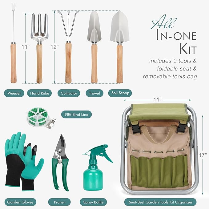 INNO STAGE 10 Piece Gardening Hand Tools Set with Garden Storage Tote Bag and Seat-Best Garden Tools Kit Organizer Valentine's Day Gifts