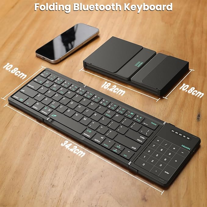 Nillkin Pocket Foldable Wireless Keyboard with Touchpad Numerical Pad for Travel Meeting for Tablet, Mobile Phone,Laptop, Full Size (Small) Keyboard (Black)