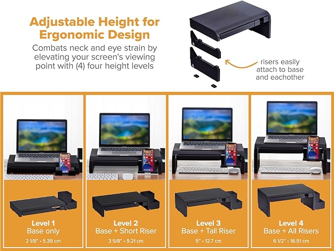 Bostitch Konnect Adjustable Monitor Riser with Drawer, Cell Phone Stand & Pencil Holder, Laptop Stand for Desk, 4 Height Levels, Cable Management & Rubber Feet